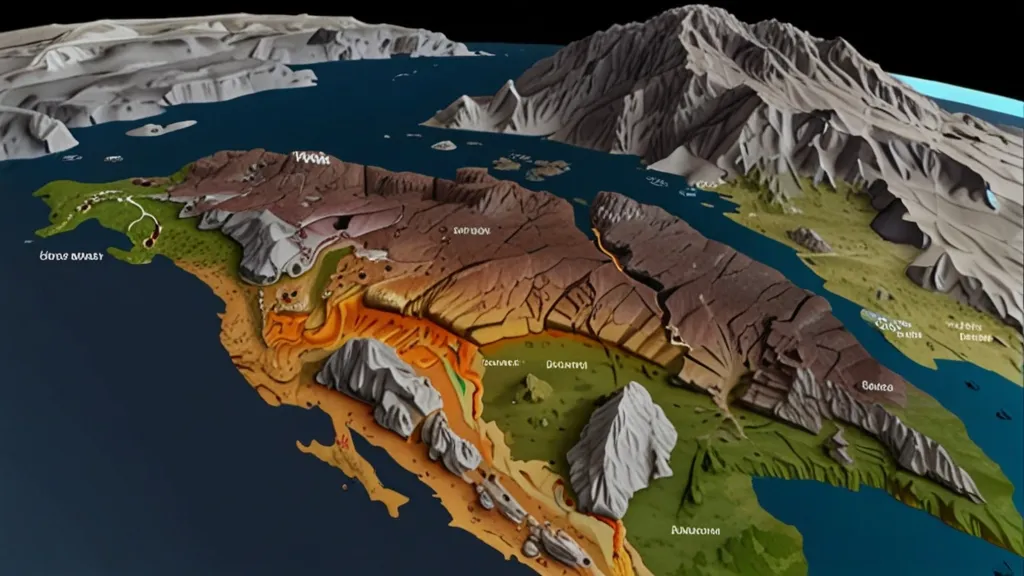 a map of the earth with mountains and lakes