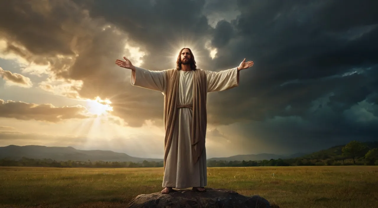 jesus standing on top of a rock in a field