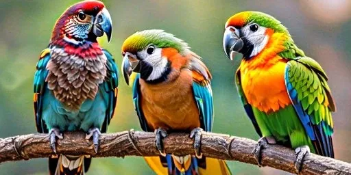 three colorful parrots sitting on a tree branch and talking 