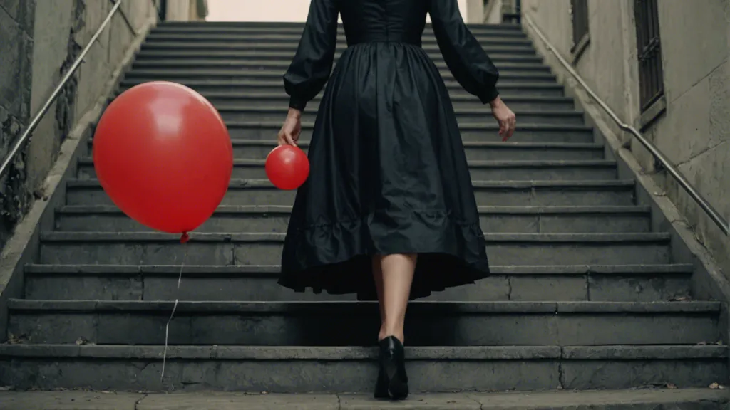 a woman in a black dress walking upstairs holding a red balloon