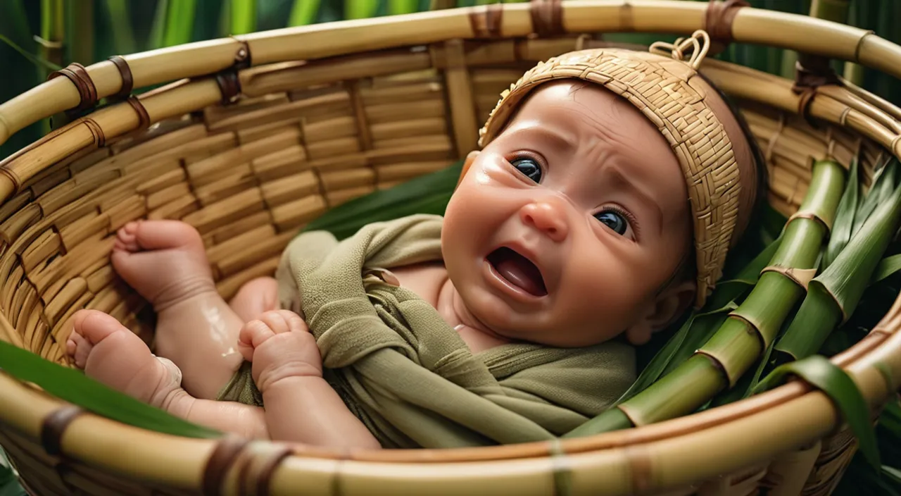 a baby smiling in a bamboo basket