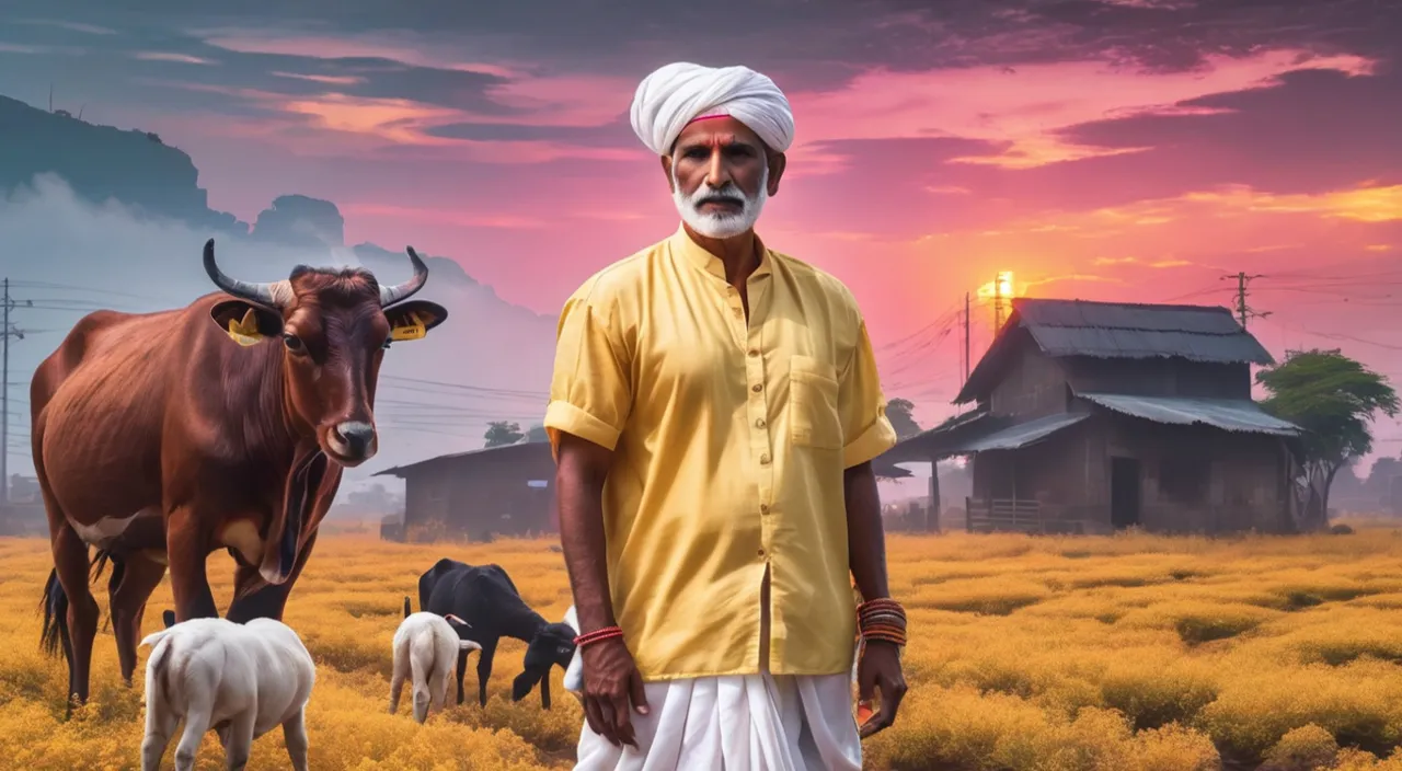 a man standing in a field with cows