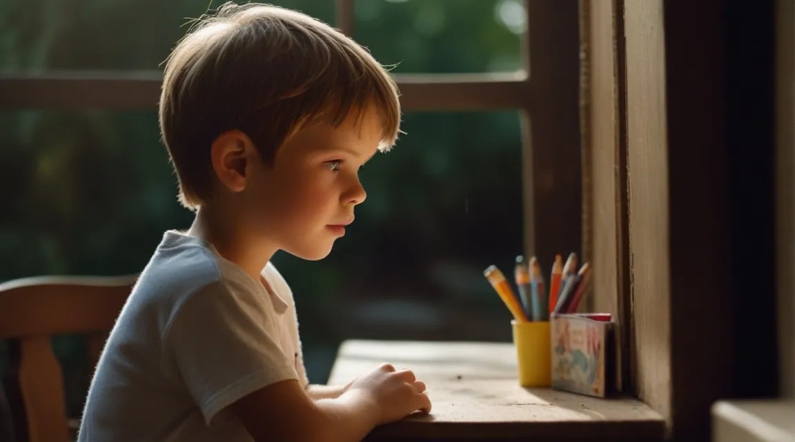 a little boy sitting at a table with a cup of pencils