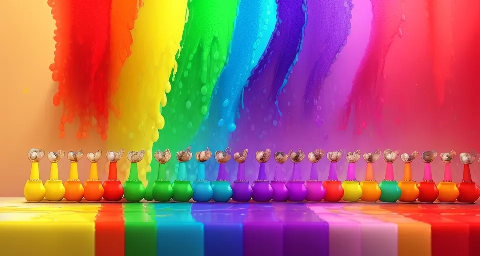 a row of bottles of paint sitting in front of a rainbow colored wall