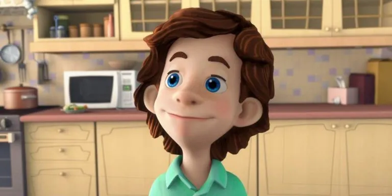 a cartoon character is standing in a kitchen and his hair is moving