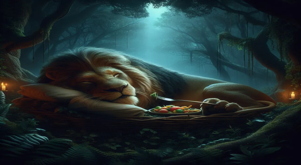 a painting of a lion laying in a forest with a plate of food