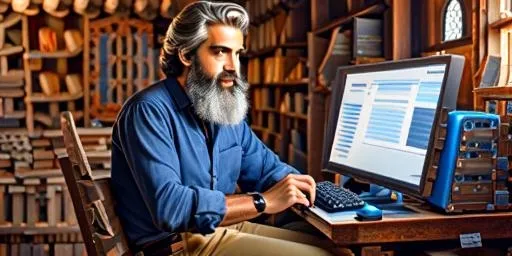 a man sitting at a desk with a computer in front of him