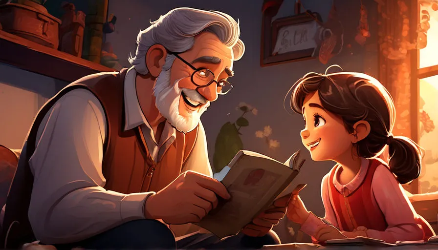 an older man reading a book to a young girl