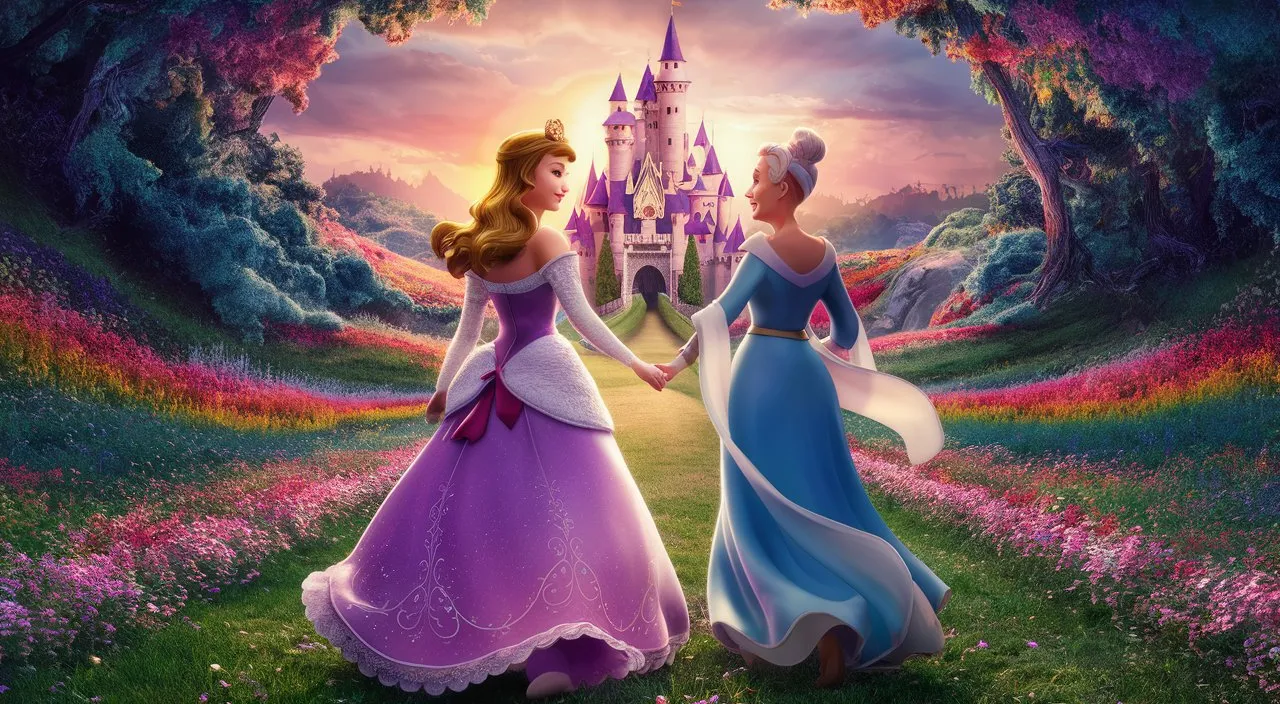 a couple of princesses are standing in front of a castle