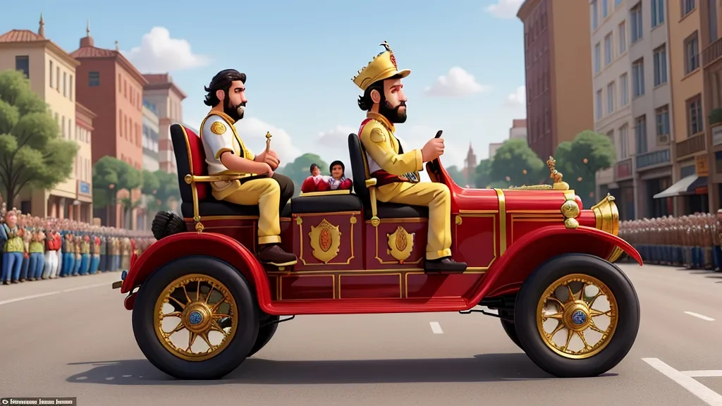 a couple of men riding on the back of a red car