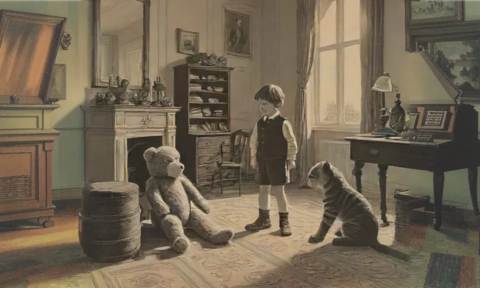 a painting of a child standing in a room with a teddy bear