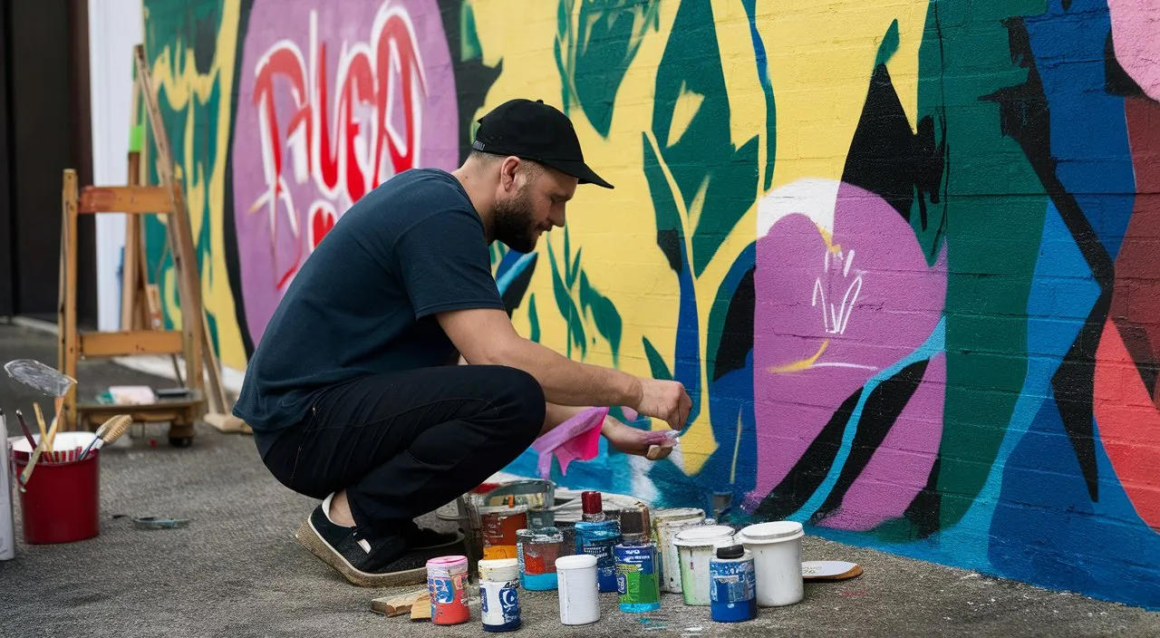 a street artist at his home preparing acrylic paints and brushes to create street murals