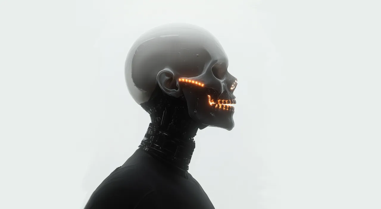 an skeletonl android with glowing eyes and a glowing head