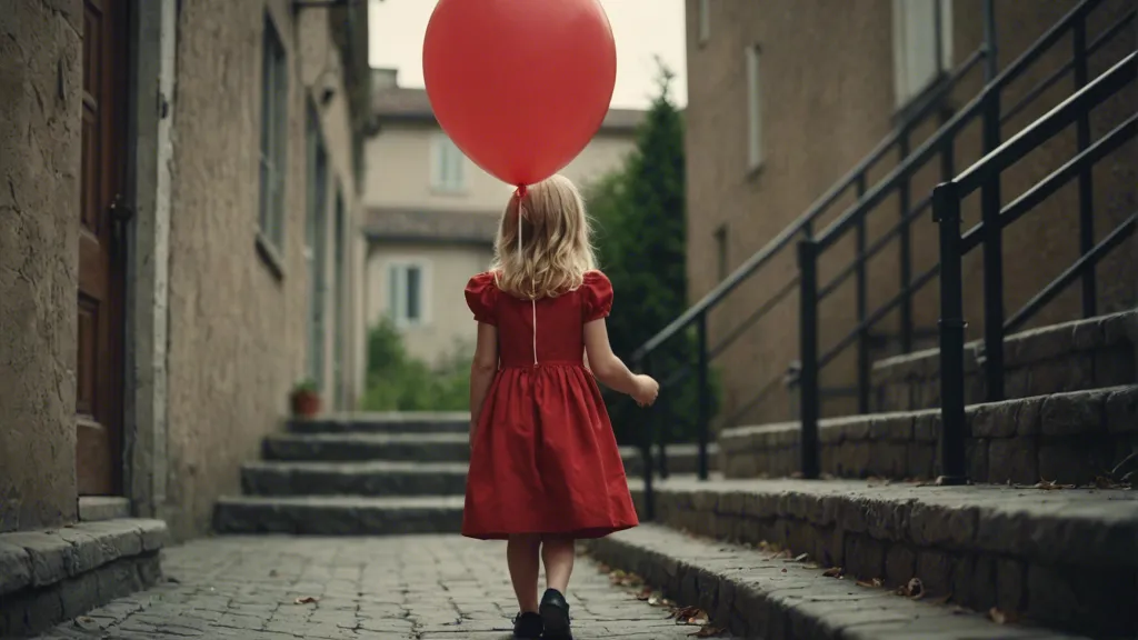 a little girl in a red dress walking upstairs holding a red balloon