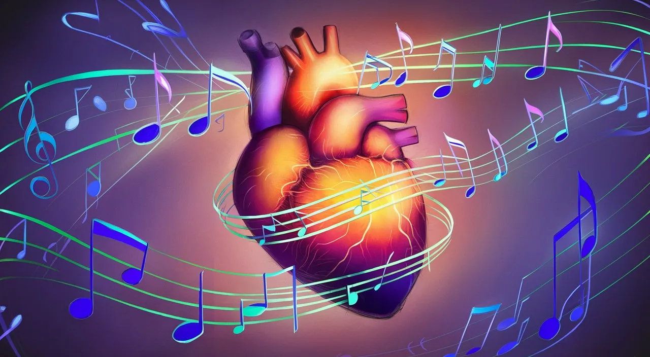 a human heart surrounded by musical notes