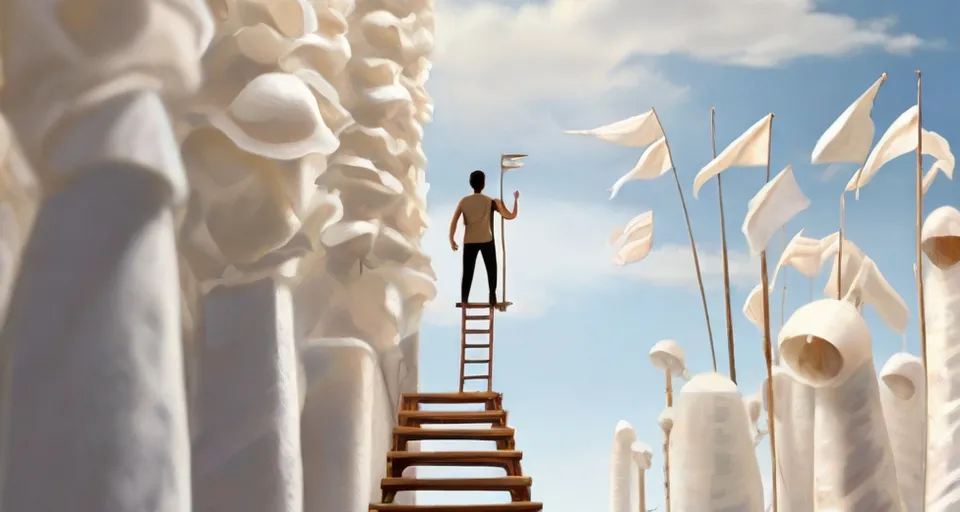 a man standing on a ladder in front of a bunch of white flags