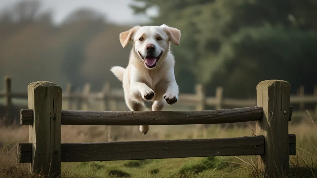 a white dog jumping over a wooden fence