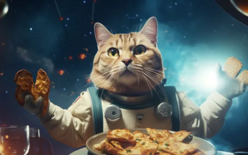 a cat in a space suit holding a plate of pizza