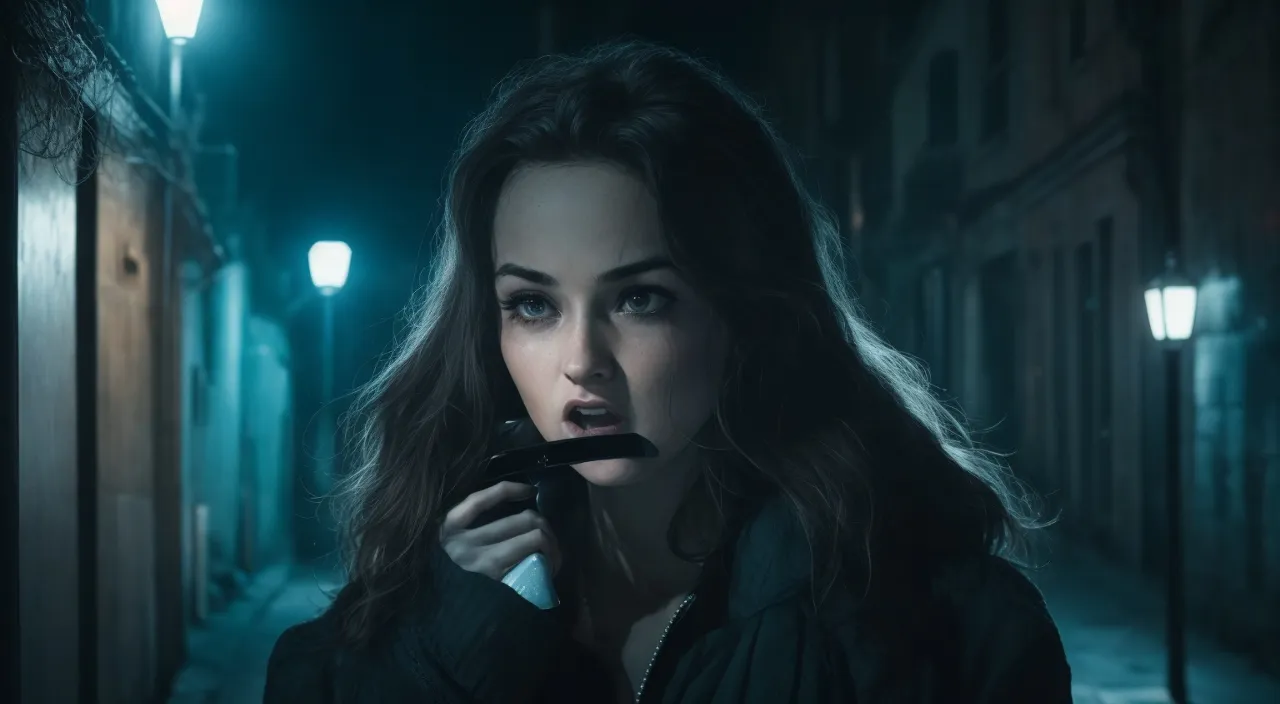 Woman in a dark alley talking on the phone