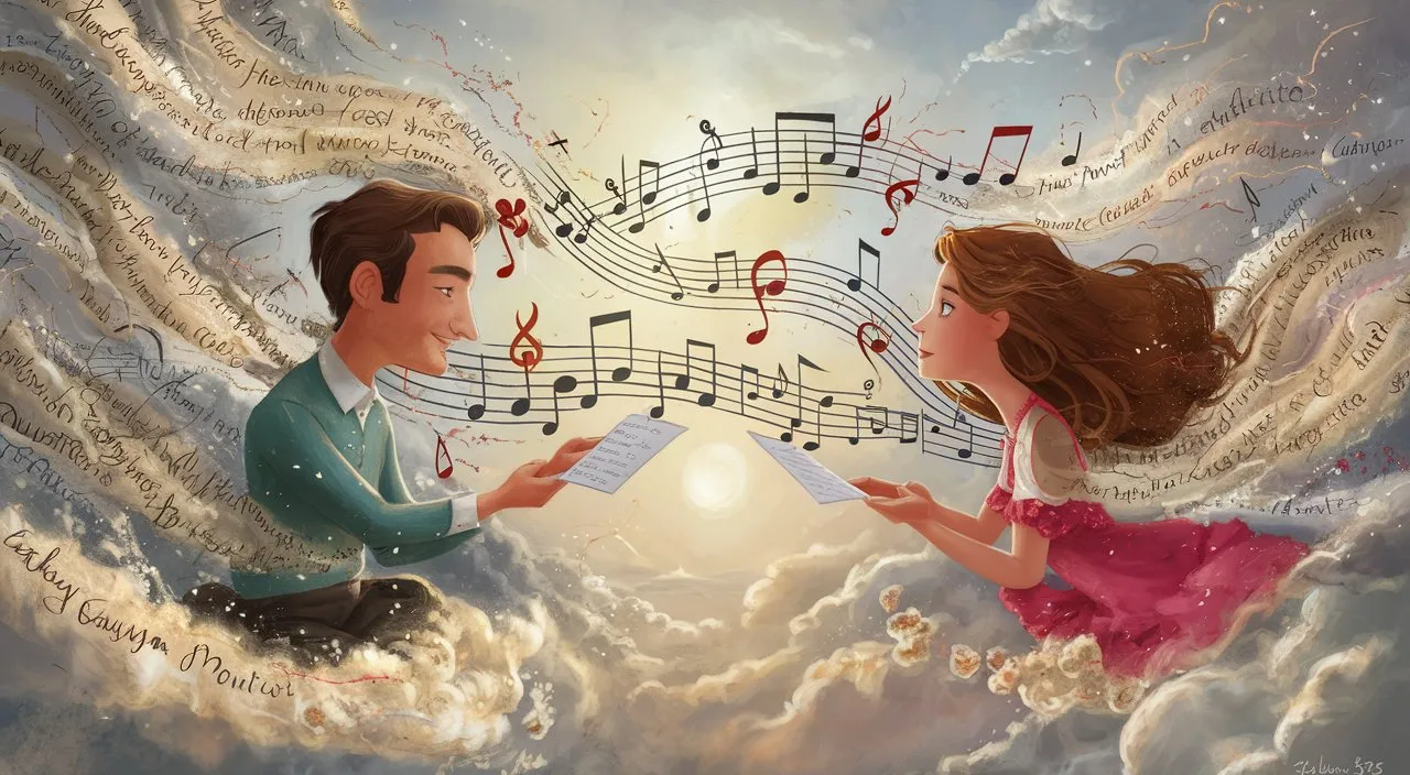 a man and a woman sitting on a cloud with musical notes