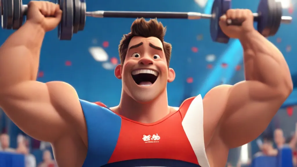 a guy character holding a barbell in front of a crowd