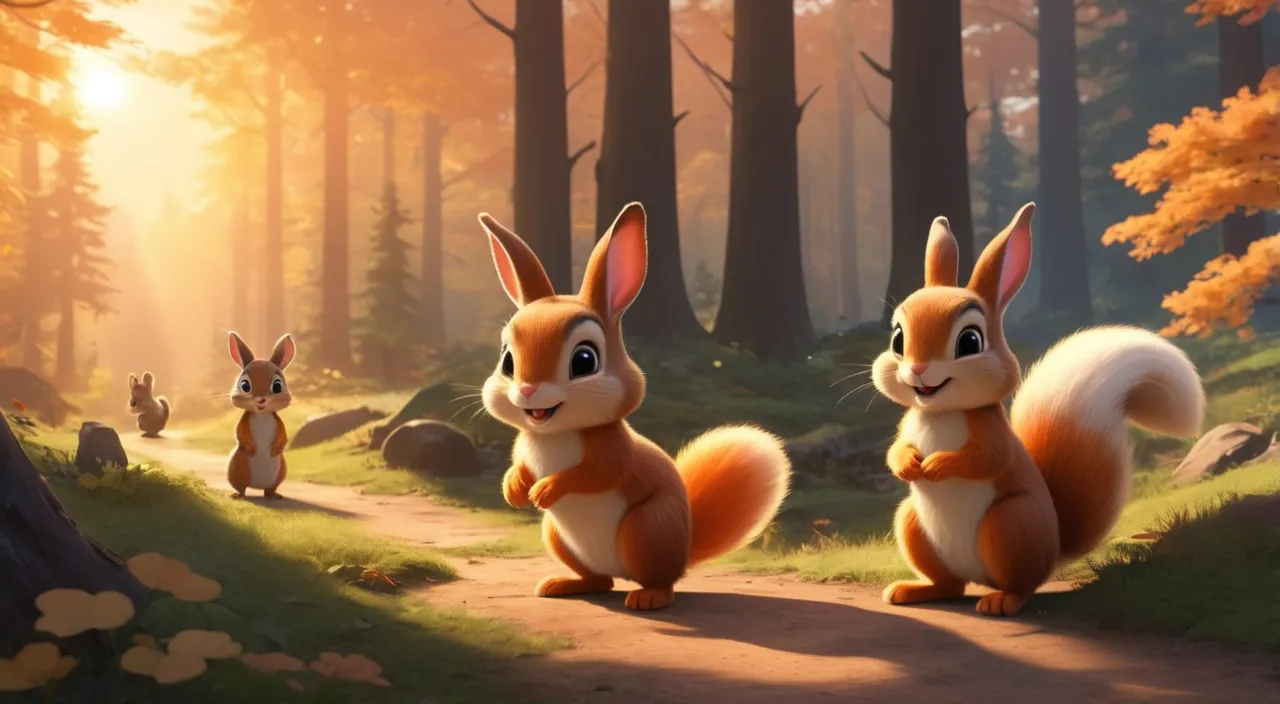 As the sun sets, casting a golden glow over the forest, Benny the bunny, Lily the squirrel, and Max the chipmunk are standing together, saying their goodbyes. The sky is painted with beautiful hues of orange and pink, and the friends are smiling warmly at each other, their silhouettes framed by the setting sun.