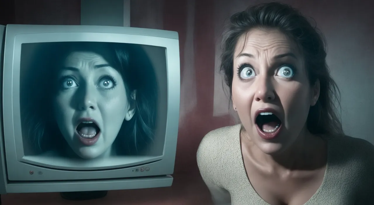 a woman with her mouth open in front of a tv