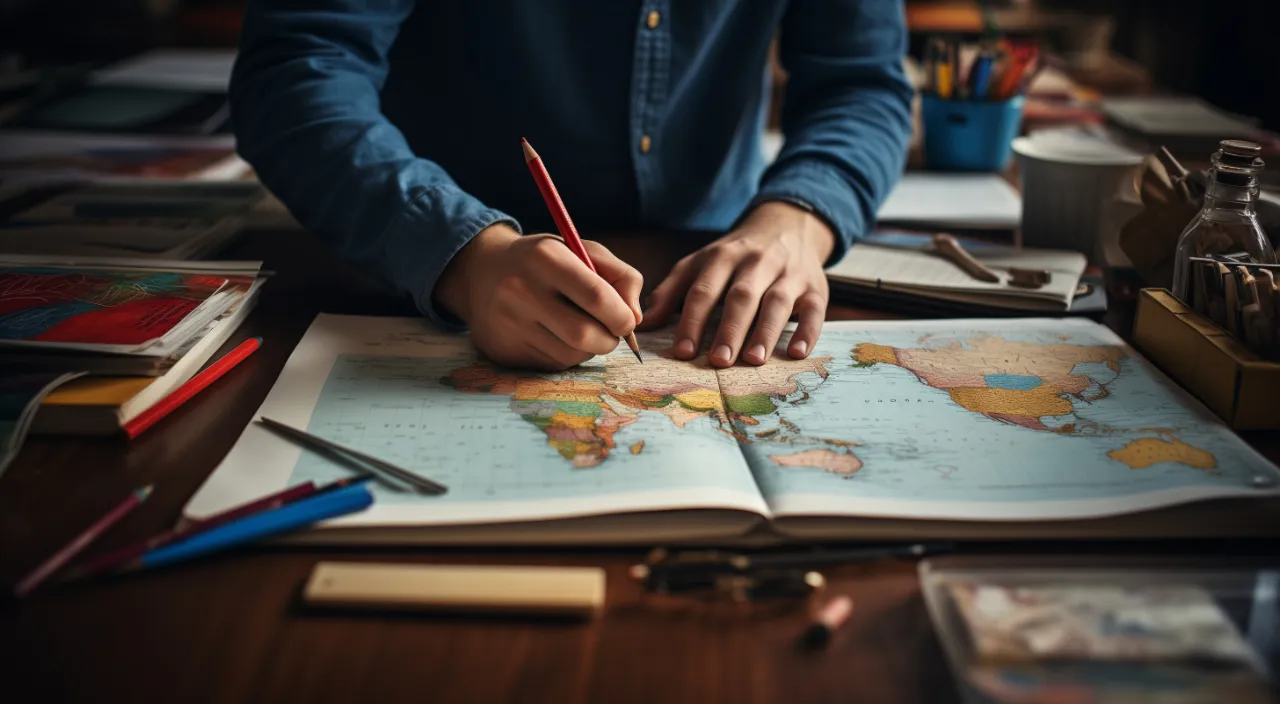 a person sitting at a desk with a map and pencil