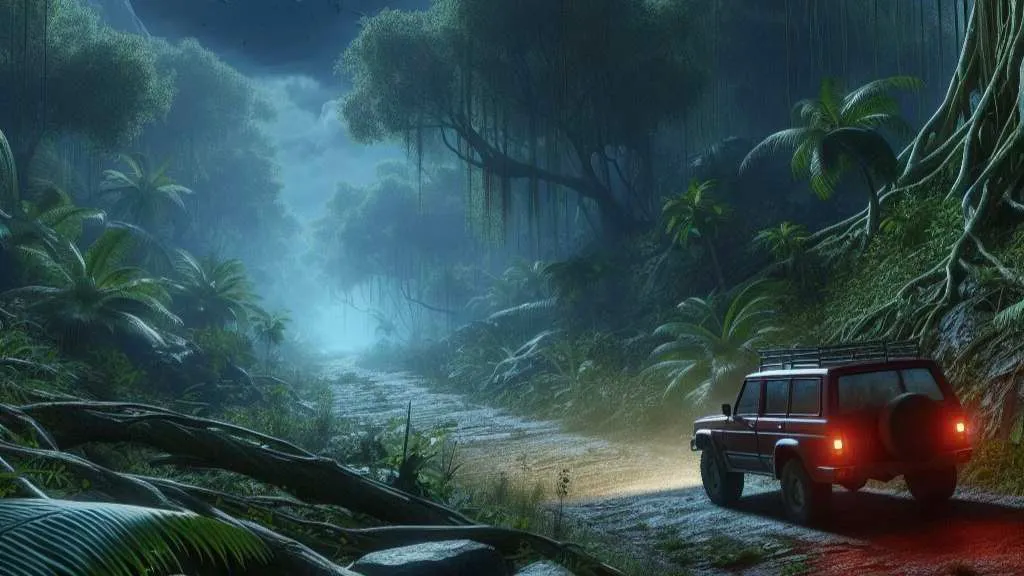 A car, rendered in a photorealistic style, with glowing headlights that light up the dark forest ahead