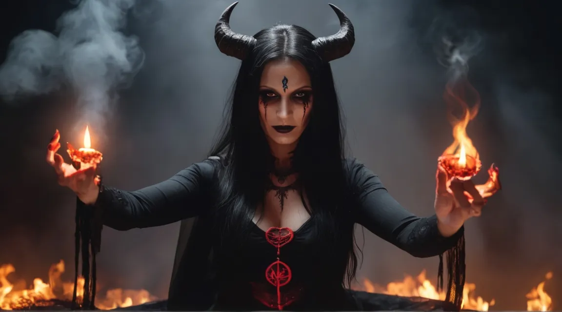 a woman dressed in devil makeup holding torches