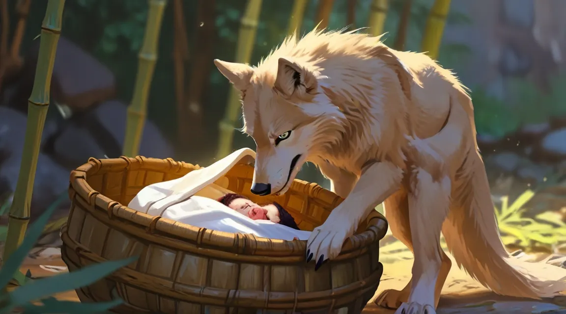 a painting of a baby in a basket with a wolf