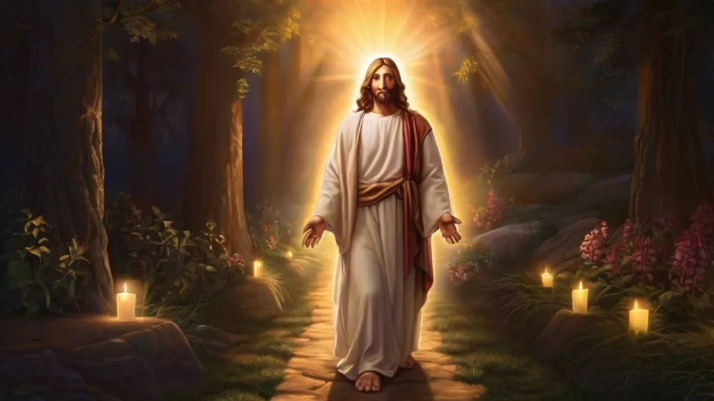 a painting of jesus walking through a forest