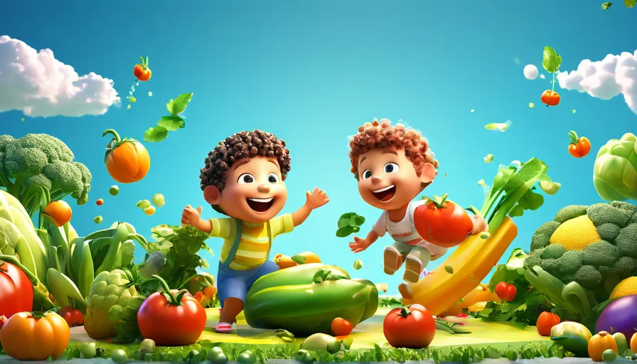 two children are playing in a garden full of vegetables