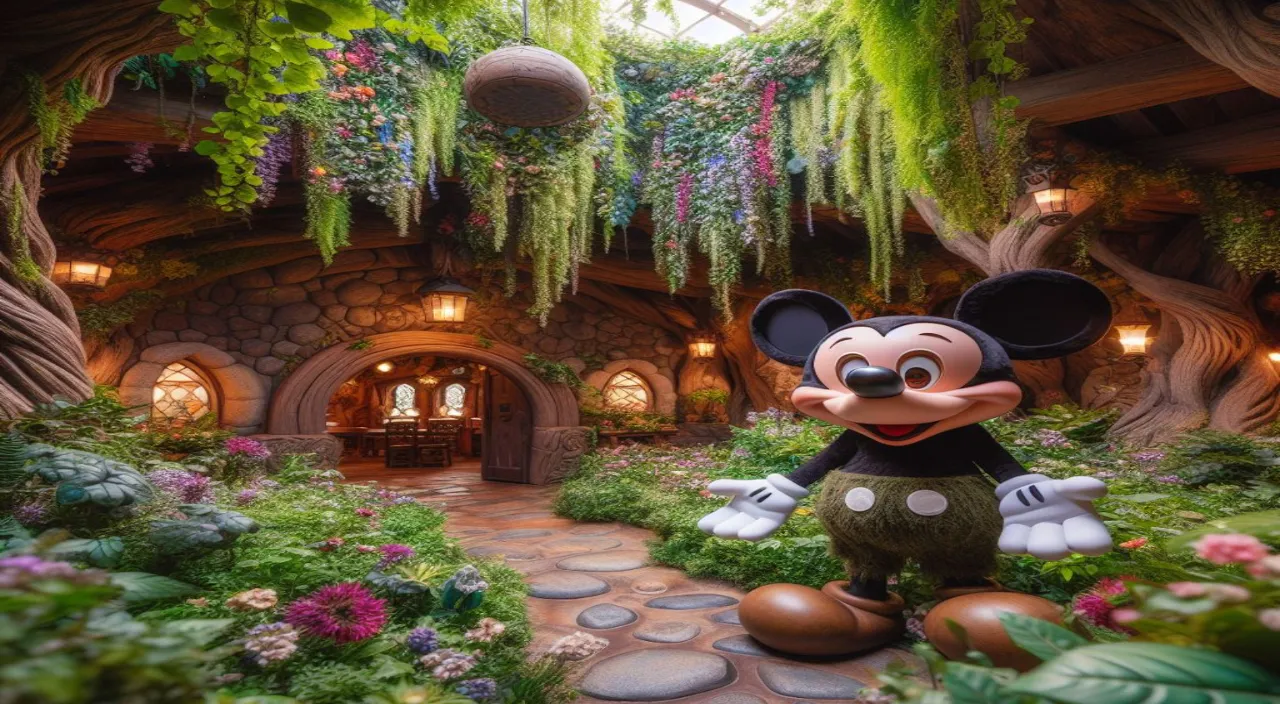 a mickey mouse statue in a garden setting