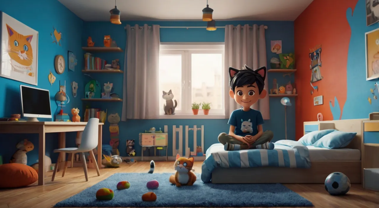 a boy sitting on a bed in a bedroom