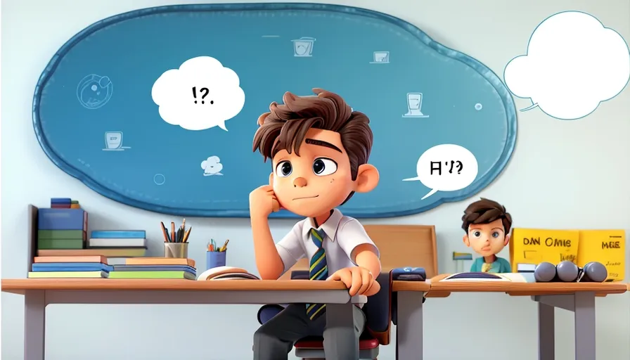 a boy sitting at a desk with a thought bubble above him