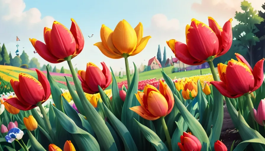 a painting of red and yellow tulips in a field