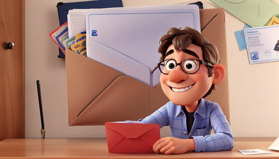 a cartoon character sitting at a desk with an envelope