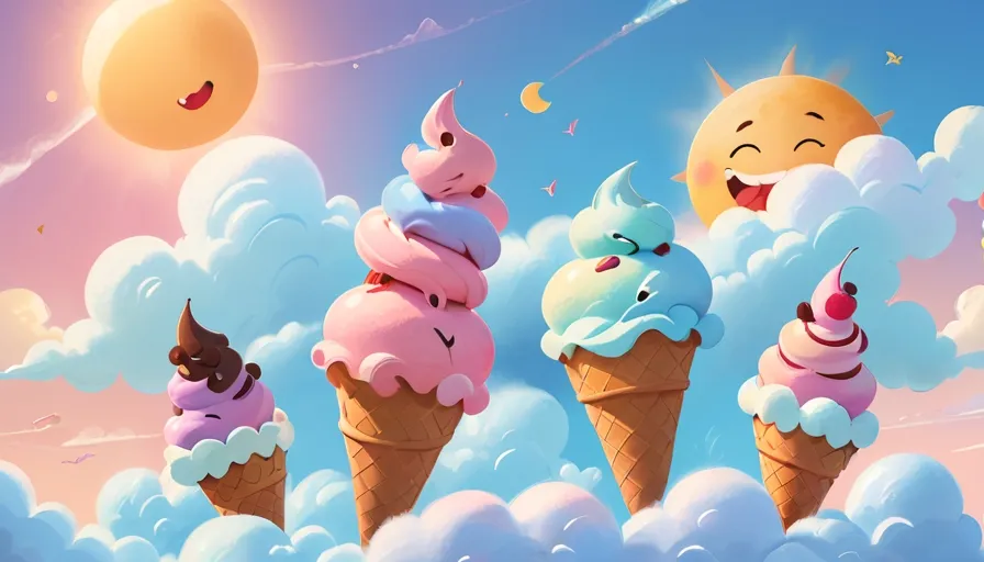 three ice cream cones sitting on top of clouds