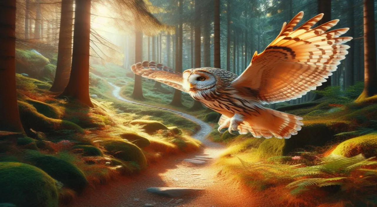 an owl is flying over a path in the woods