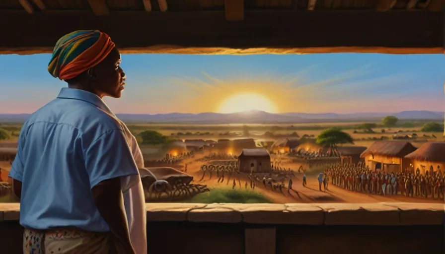 a painting of a man looking at a village