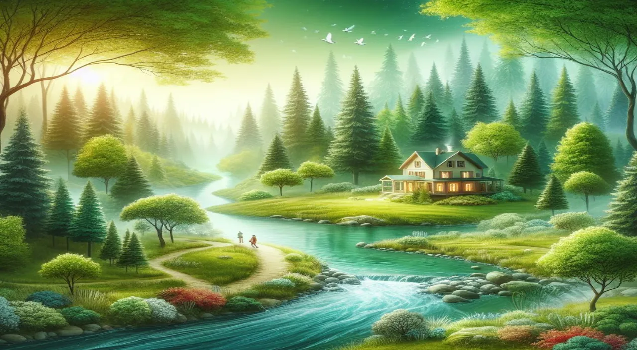 a painting of a house in the woods