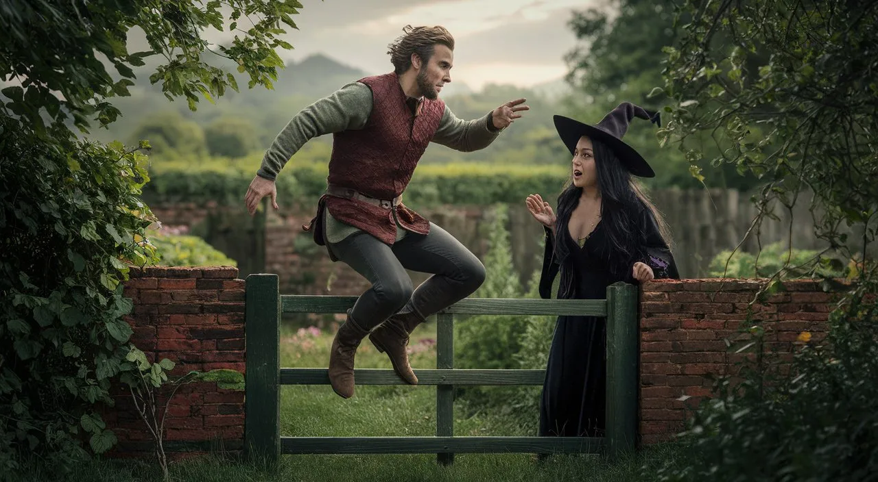 a man and a woman dressed as witches jumping over a fence