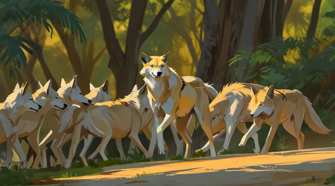 a group of wolfs in a forest, flaunting different colors