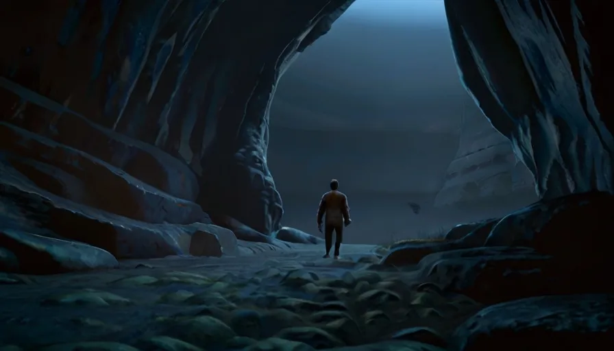 After much searching, he felt a gentle tug leading him towards a dark, mysterious cave.