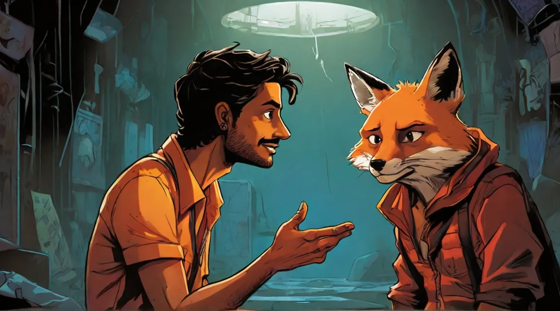 a man talking to a fox 