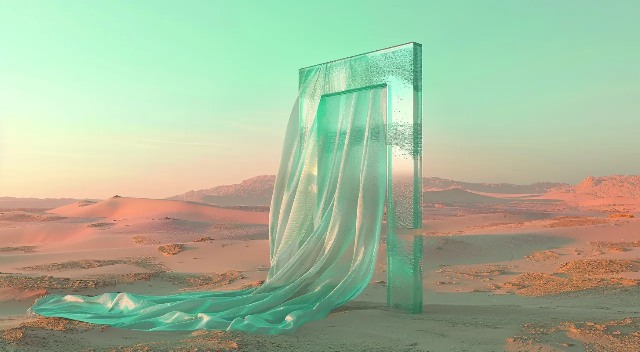 gate in the desert, and a delicate piece of fabric gently billows, carrying with it thin and softness