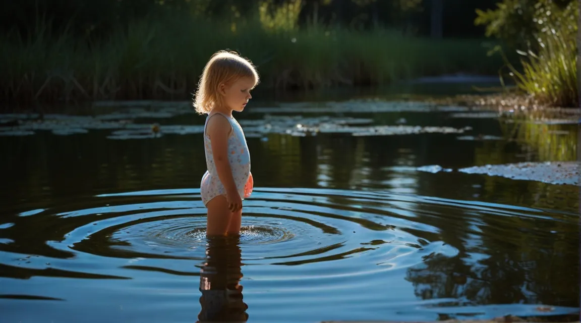 a little girl standing in a body of water