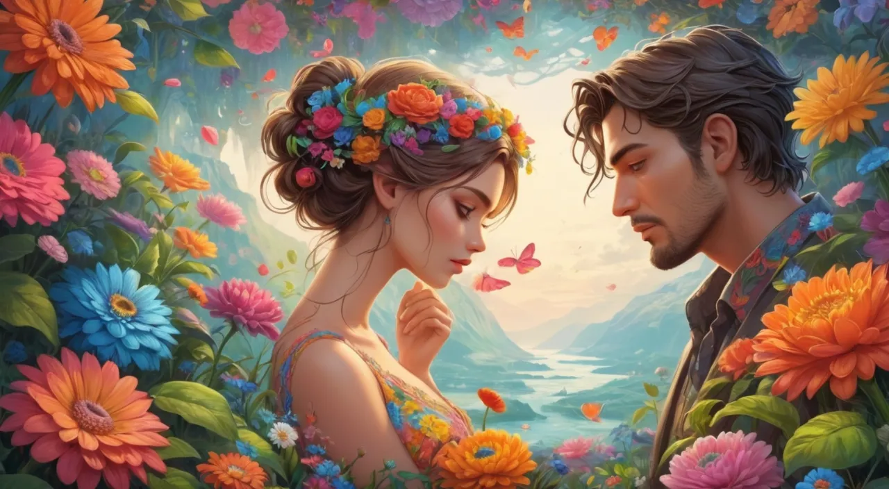 a painting of a man and a woman in a field of flowers