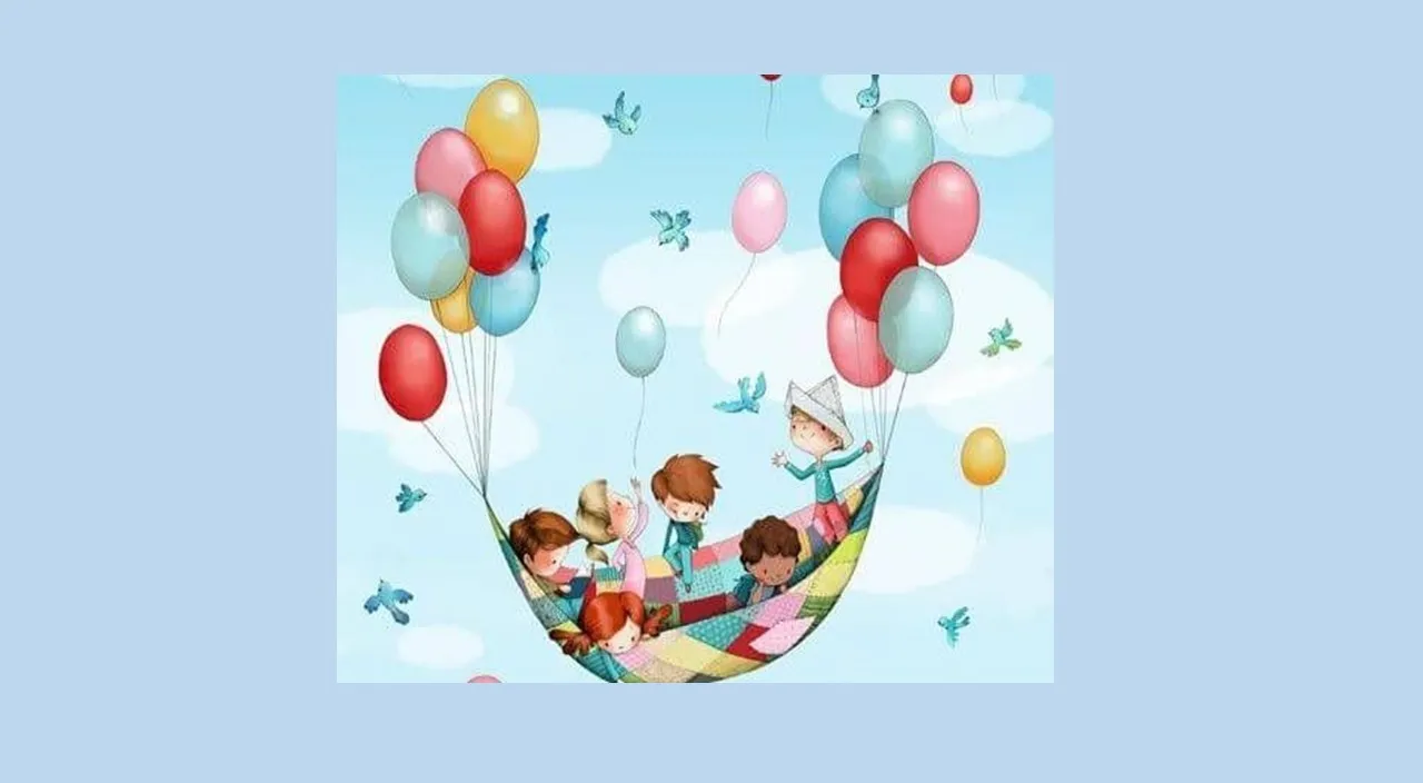 a group of children flying in a hammock with balloons